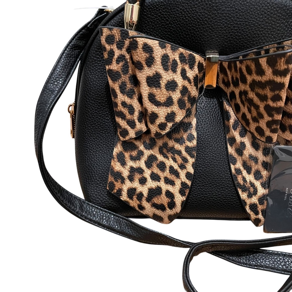 Crossi Like Dreams Leopard Top Handle Small Bow Handbag Crossbody Black Brown - Picture 4 of 11